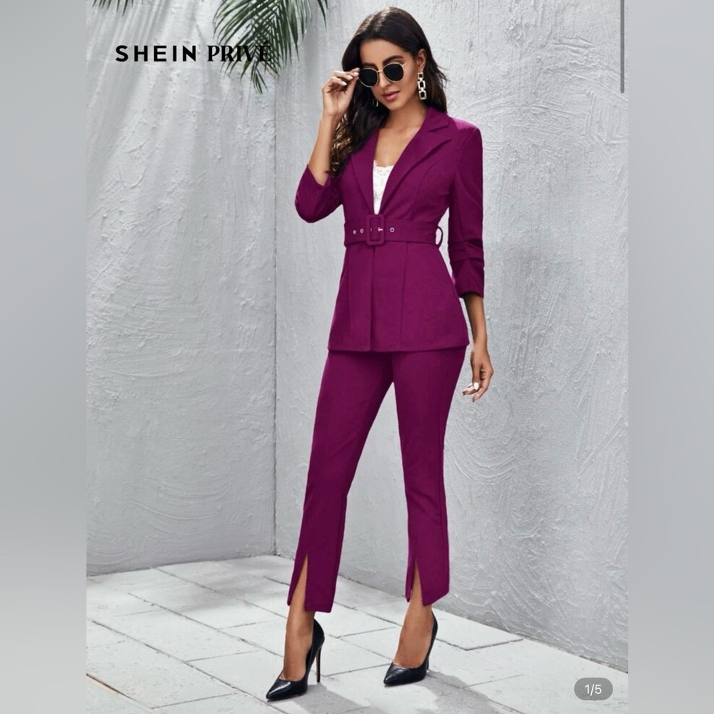 SHEIN Women’s Pantsuit Stretchy Eggplant Purple Belted Split Hem Size Large